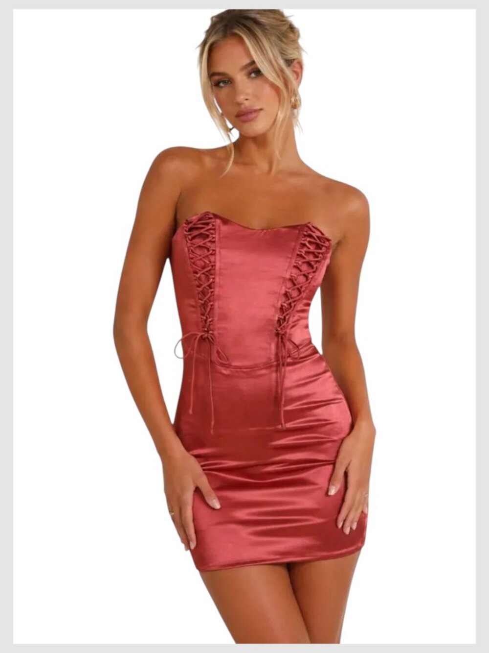 Lulu’s Strapless Satin Lace-Up Mini Dress Rusty Rose Size S